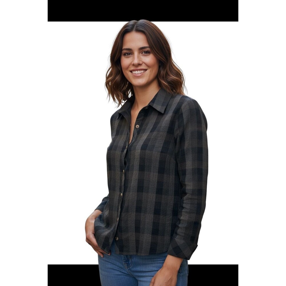 Habitat Top Womans Large Green Plaid Button Front Crinkle Lagenlook
